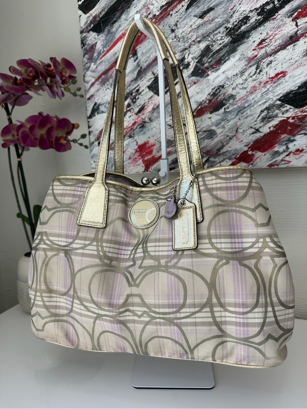 Coach F17213 Lavender Tartan Plaid Kiss Lock Carryall Bag Gold